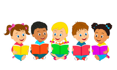 kids,boys and girls sit on the floor and read books,illustration,vector