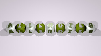 ALLERGIES combined by dice letters and color crossing for the related meanings of the concept. allergy and allergic