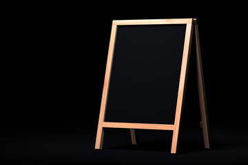 mockup blank blackboard Sandwich Sign isolated on black. Wooden Menu Black Board stand Mockup, Blank menu chalkboard stand. Copy space place for text and logo design