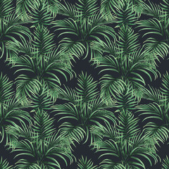 Fototapeta na wymiar Watercolor painting palm green coconut leaves seamless pattern background.Watercolor hand drawn illustration tropical exotic leaf prints for wallpaper,textile Hawaii aloha summer style.