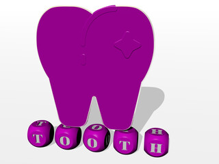 3D representation of tooth with icon on the wall and text arranged by metallic cubic letters on a mirror floor for concept meaning and slideshow presentation. dental and illustration