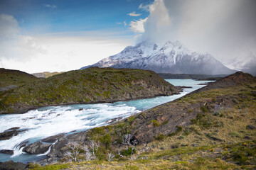 Small waterfall at the foot of Torres del Paine, in Chilean Patagonia
