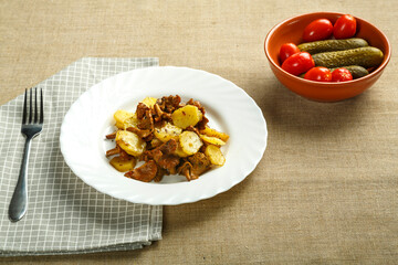 a plate of potatoes with larvae mushrooms on a napkin and a fork next to pickled cucumbers and tomatoes and cabbage.