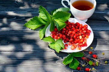Wild ripe strawberries on a dark wooden rustic table and Cup of herbal tea. Summer concept, a new crop of berries. Bright shadows on a Sunny day on the terrace.