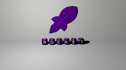 3D representation of ROCKET with icon on the wall and text arranged by metallic cubic letters on a mirror floor for concept meaning and slideshow presentation. illustration and space