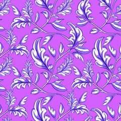 Decorative fantasy leaves and branches on purple background inspired indian paisley culture. Floral seamless pattern in oriental style.