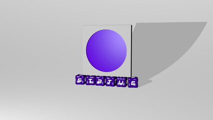 3D representation of STATUE with icon on the wall and text arranged by metallic cubic letters on a mirror floor for concept meaning and slideshow presentation. architecture and ancient