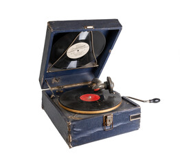 Phonograph with crank. Old gramophone Isolated on a white background. © 977_rex_977