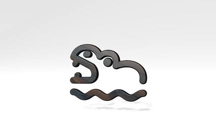 REPTILE HIPPO casting shadow with two lights. 3D illustration of metallic sculpture over a white background with mild texture. animal and alligator