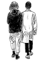 Freehand drawing of couple young people walking along street together