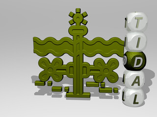 3D illustration of tidal graphics and text around the icon made by metallic dice letters for the related meanings of the concept and presentations. beach and coast