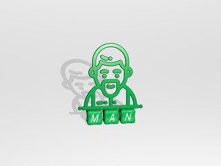 3D graphical image of MAN vertically along with text built by metallic cubic letters from the top perspective, excellent for the concept presentation and slideshows