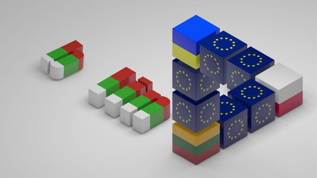 3D animation of an impossible triangle with flags of Ukraine, Poland and Lithuania and cubes with the symbol of the European Union. Geometric symbol of the Union of Central Europe