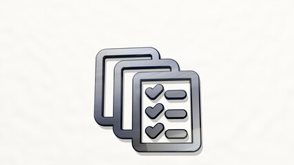 task list multiple on the wall. 3D illustration of metallic sculpture over a white background with mild texture. business and concept