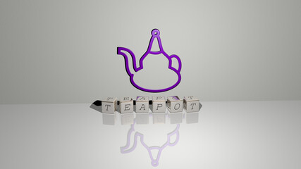 3D representation of teapot with icon on the wall and text arranged by metallic cubic letters on a mirror floor for concept meaning and slideshow presentation. background and illustration