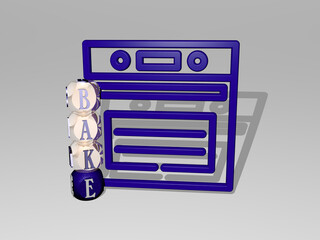 3D graphical image of BAKE vertically along with text built around the icon by metallic cubic letters from the top perspective. excellent for the concept presentation and slideshows. background and