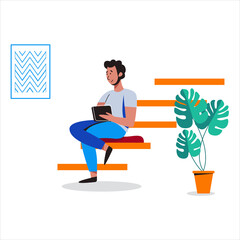 Man sit and working in friendly open space workplace. Coworking, freelance, teamwork, communication, interaction, idea, independent activity concept. Vector illustration on white background