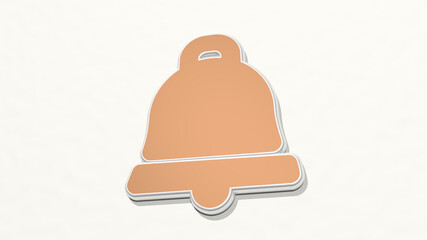 BELL on the wall. 3D illustration of metallic sculpture over a white background with mild texture. church and architecture