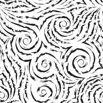 Vector seamless pattern of black spirals of lines and corners on a white background.Texture of flowing shapes and lines with torn edges.Background for decoration of fabrics or packaging