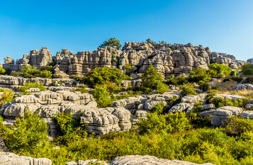 A multi-level ridge of weathered limestone in the Karst landscape of El Torcal near to Antequera,...