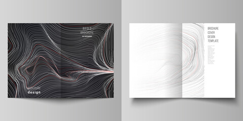 The vector layout of two A4 format modern cover mockups design templates for bifold brochure, magazine, flyer, booklet, annual report. 3D grid surface, wavy vector background with ripple effect.