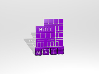 3D illustration of mall graphics and text made by metallic dice letters for the related meanings of the concept and presentations. shopping and editorial