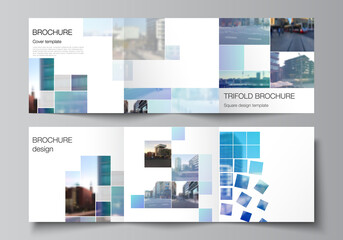 Vector layout of square format covers templates for trifold brochure, flyer, magazine, cover design, book design, brochure cover. Abstract design project in geometric style with blue squares.