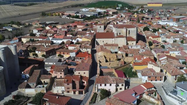 Palencia. Village  with castle. Fuentes de Valdepero,Spain. Aerial Drone Footage