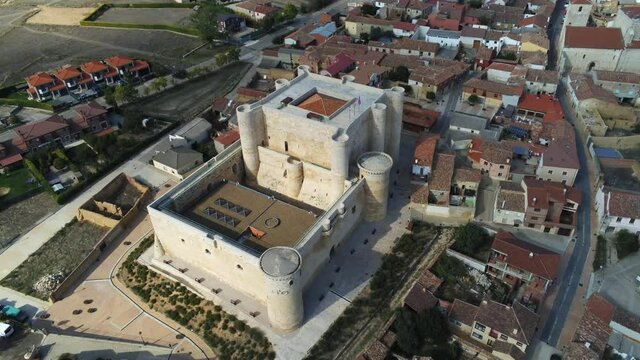 Palencia. Village  with castle. Fuentes de Valdepero,Spain. Aerial Drone Footage