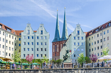 Nikolaiviertel  (Nicholas' Quarter) with historic houses, Nikolaikirche,  skulpture of St.George...