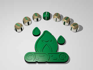 3D graphical image of BONFIRE vertically along with text built around the icon by metallic cubic letters from the top perspective, excellent for the concept presentation and slideshows. background