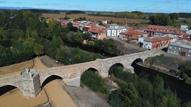 Hospital de Orbigo, village of Leon, Spain. Aerial Drone Footage. Camino de Santiago