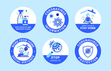 COVID-19 labels. Modern signs about protection, social distancing, wearing face covering, washing hands, using sanitizer, keeping surfaces clean, working from home and stop coronavirus