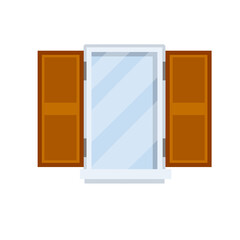 Window with open wooden sashes. Glass and white frame. Element of facade of house and building. Cartoon flat illustration