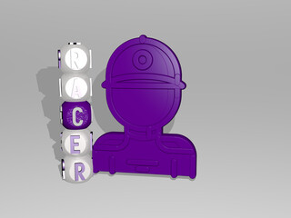 3D graphical image of racer vertically along with text built around the icon by metallic cubic letters from the top perspective. excellent for the concept presentation and slideshows. illustration