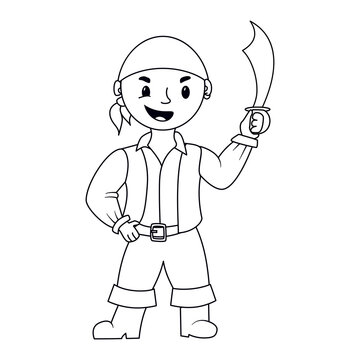 Coloring page outline little Pirate kid with saber. Vector illustration isolated on white background