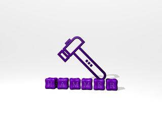 3D illustration of hammer graphics and text made by metallic dice letters for the related meanings of the concept and presentations. background and construction