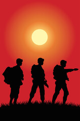 Fototapeta na wymiar soldiers figures silhouettes at sunset scene