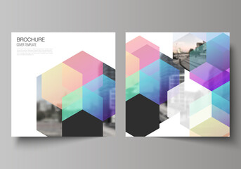 Fototapeta premium Vector layout of two square format covers design templates with colorful hexagons, geometric shapes, tech background for brochure, flyer, magazine, cover design, book design, brochure cover.