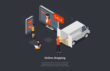 Isometric Online Shopping Concept. Characters Order And Buy Goods On Sale Online By Means Mobile App. Courier Delivers Purchases. Men And Women Are Using Gadgets To Buy Goods. 3D Vector Illustration