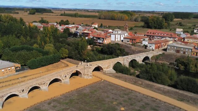Bridge in Hospital de Orbigo,Leon, Spain. Aerial Drone Footage. Camino de Santiago