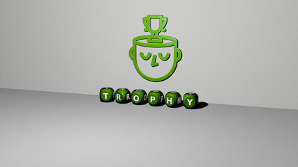 3D illustration of trophy graphics and text made by metallic dice letters for the related meanings of the concept and presentations. award and cup