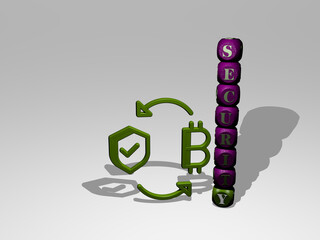 3D illustration of SECURITY graphics and text around the icon made by metallic dice letters for the related meanings of the concept and presentations. background and business