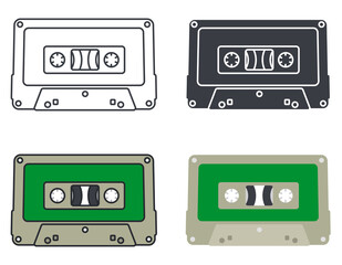 Collection of  audio cassettes. Icon set in different styles.