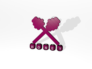 3D graphical image of HONEY vertically along with text built by metallic cubic letters from the top perspective, excellent for the concept presentation and slideshows. background and bee