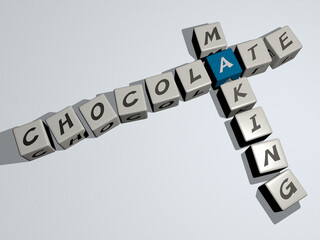 crosswords of CHOCOLATE MAKING arranged by cubic letters on a mirror floor, concept meaning and presentation. background and illustration