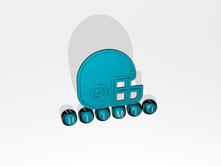 Fototapeta premium 3D representation of helmet with icon on the wall and text arranged by metallic cubic letters on a mirror floor for concept meaning and slideshow presentation. illustration and background
