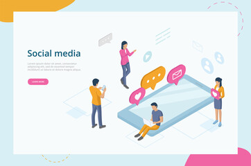Audience Influence, Social Opinion, Media Influence. Website Landing Page. Characters Using Gadgets To Sending, Sharing Posts, Communicate In Social Media. Web Page Isometric 3D Vector Illustration
