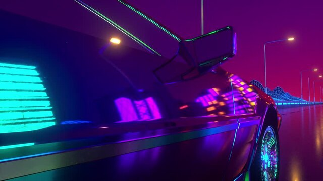 Futuristic car with neon lights abstract background. Retrowave loop 3d animation