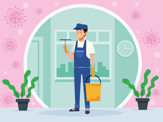 housekeeping male worker with bucket avatar character